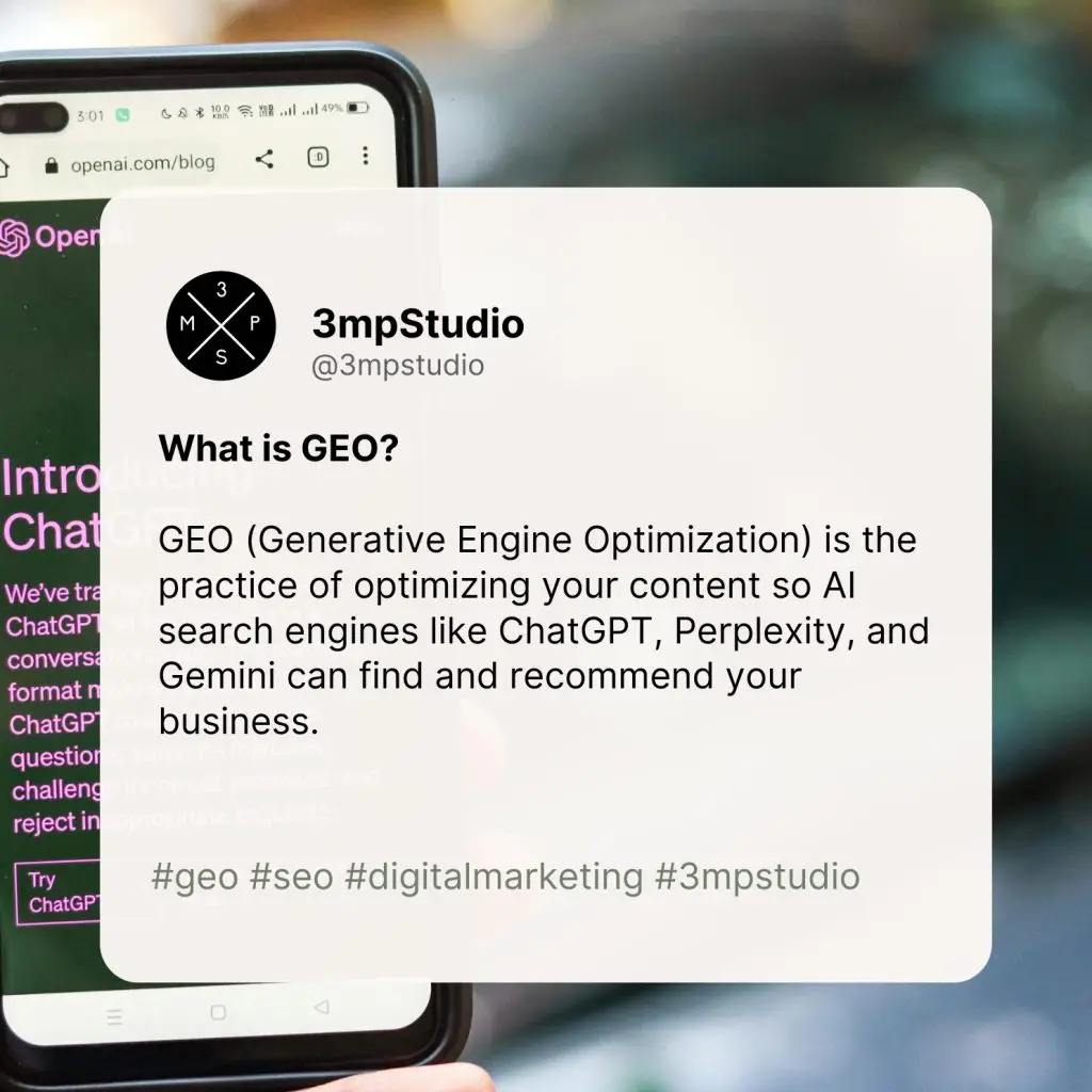 What is GEO? GEO (Generative Engine Optimization) is the practice of optimizing your content so AI search engines like ChatGPT, Perplexity, and Gemini can find and recommend your business.